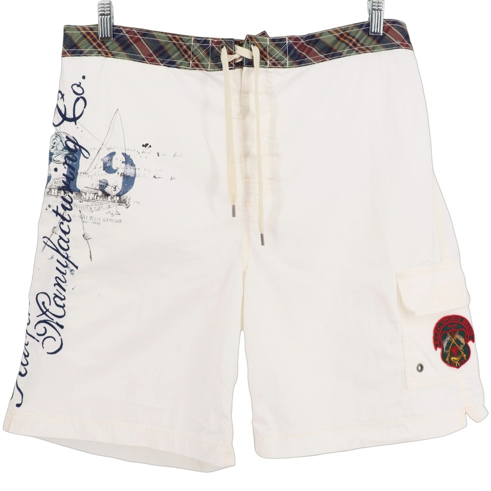 Vintage Polo Ralph Lauren Mens Size L White Graphic Board Shorts Swim Nautical